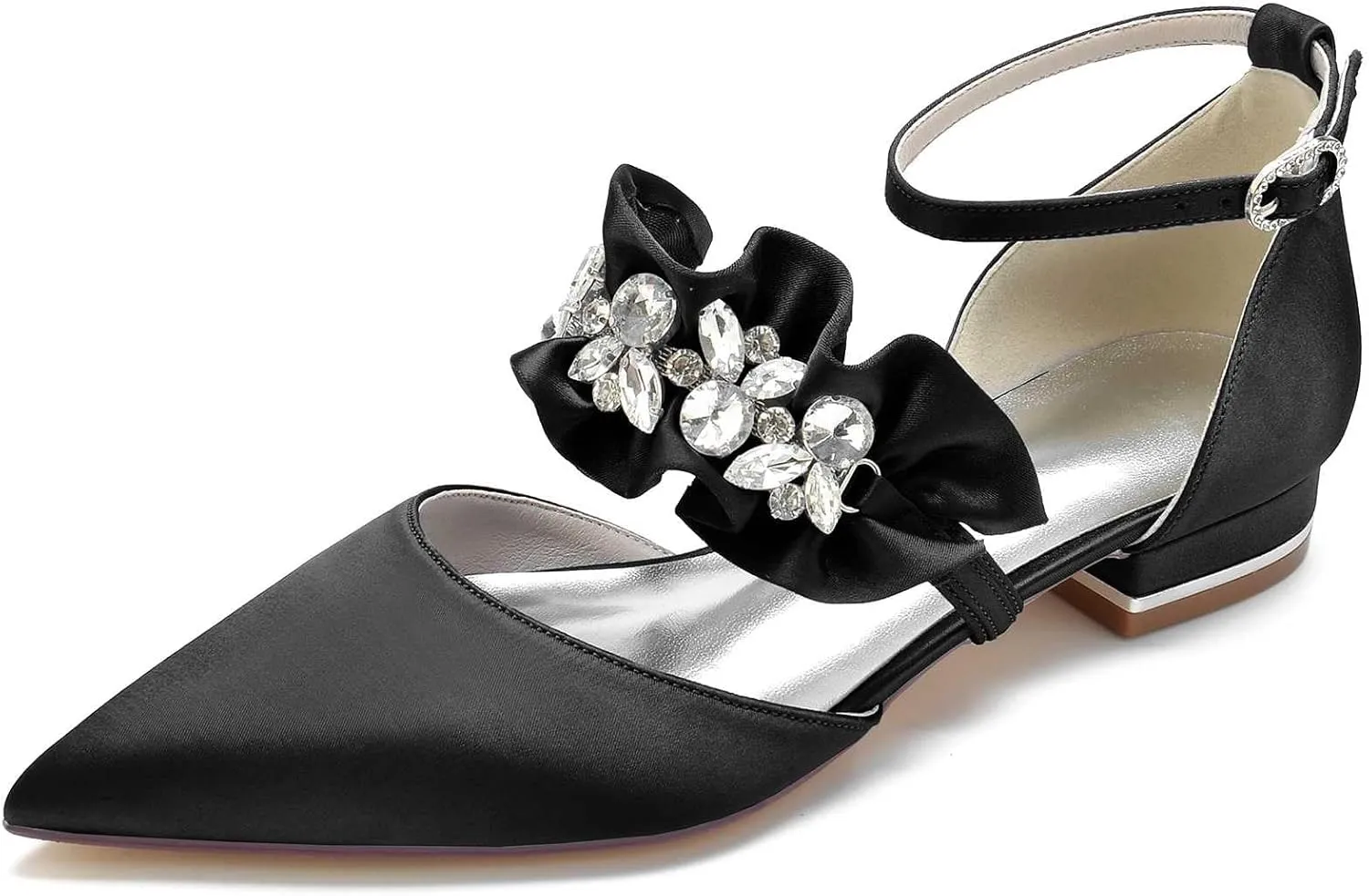 Women's Pointed Toe Satin Wedding Flats for Bride Comfortable Lace Bridal Shoes Formal Closed Toe Buckle Flats Ballet Flats