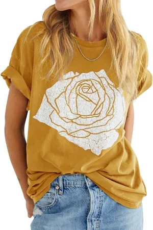 Womens Rose Graphic Tee T Shirt Loose Fit Summer Short Sleeve Casual Boyfriend Crew Neck Tops
