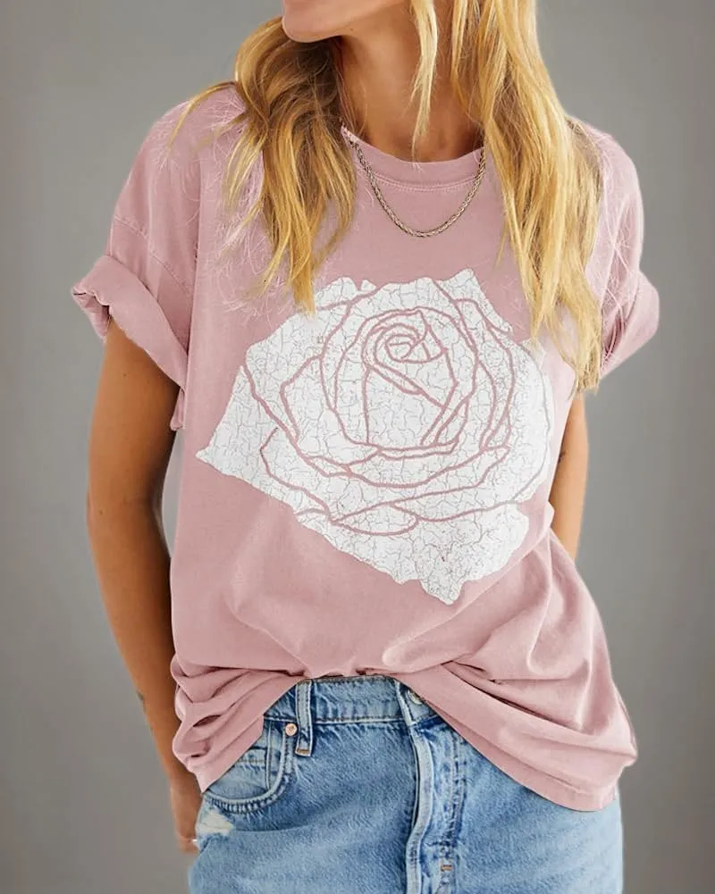 Womens Rose Graphic Tee T Shirt Loose Fit Summer Short Sleeve Casual Boyfriend Crew Neck Tops
