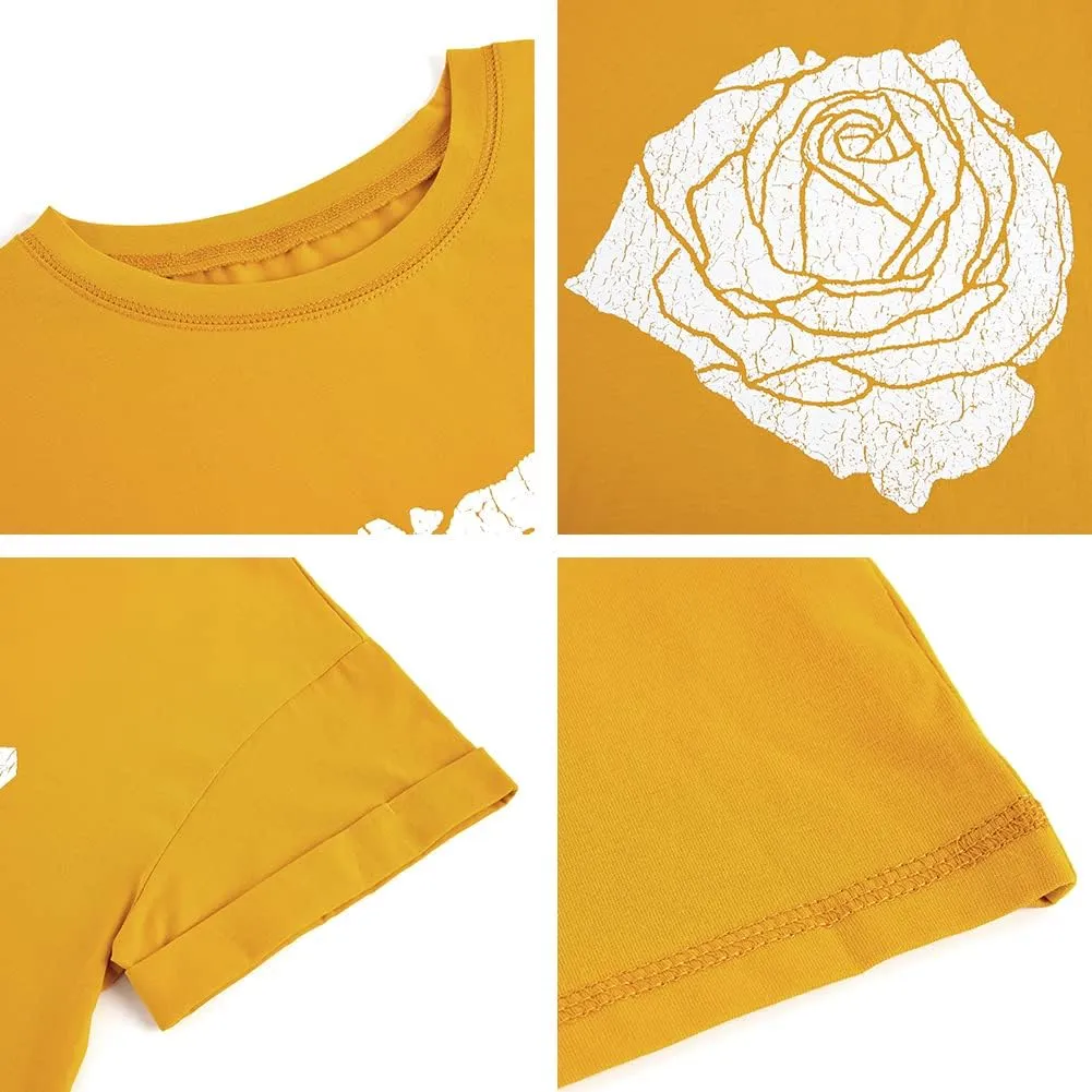 Womens Rose Graphic Tee T Shirt Loose Fit Summer Short Sleeve Casual Boyfriend Crew Neck Tops