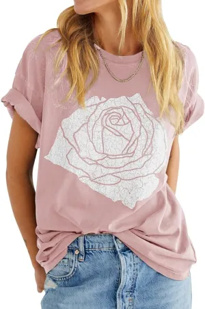 Womens Rose Graphic Tee T Shirt Loose Fit Summer Short Sleeve Casual Boyfriend Crew Neck Tops