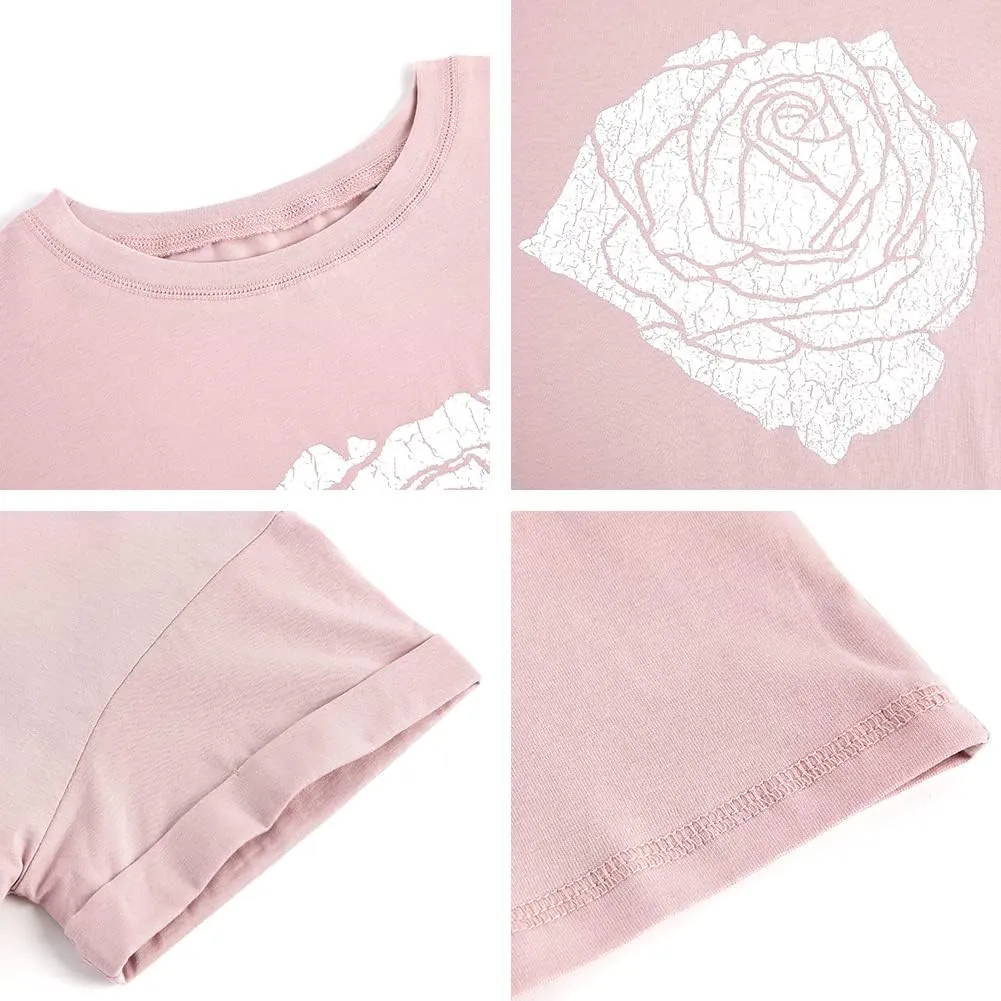 Womens Rose Graphic Tee T Shirt Loose Fit Summer Short Sleeve Casual Boyfriend Crew Neck Tops