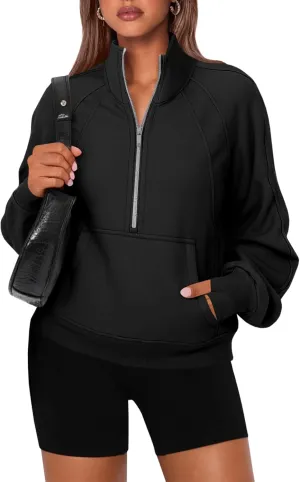 Women's Sweatshirts Fleece Lined Half Zipper Crop Pullover Tops Funnel Neck Long Sleeve Sweater Thumb Hole