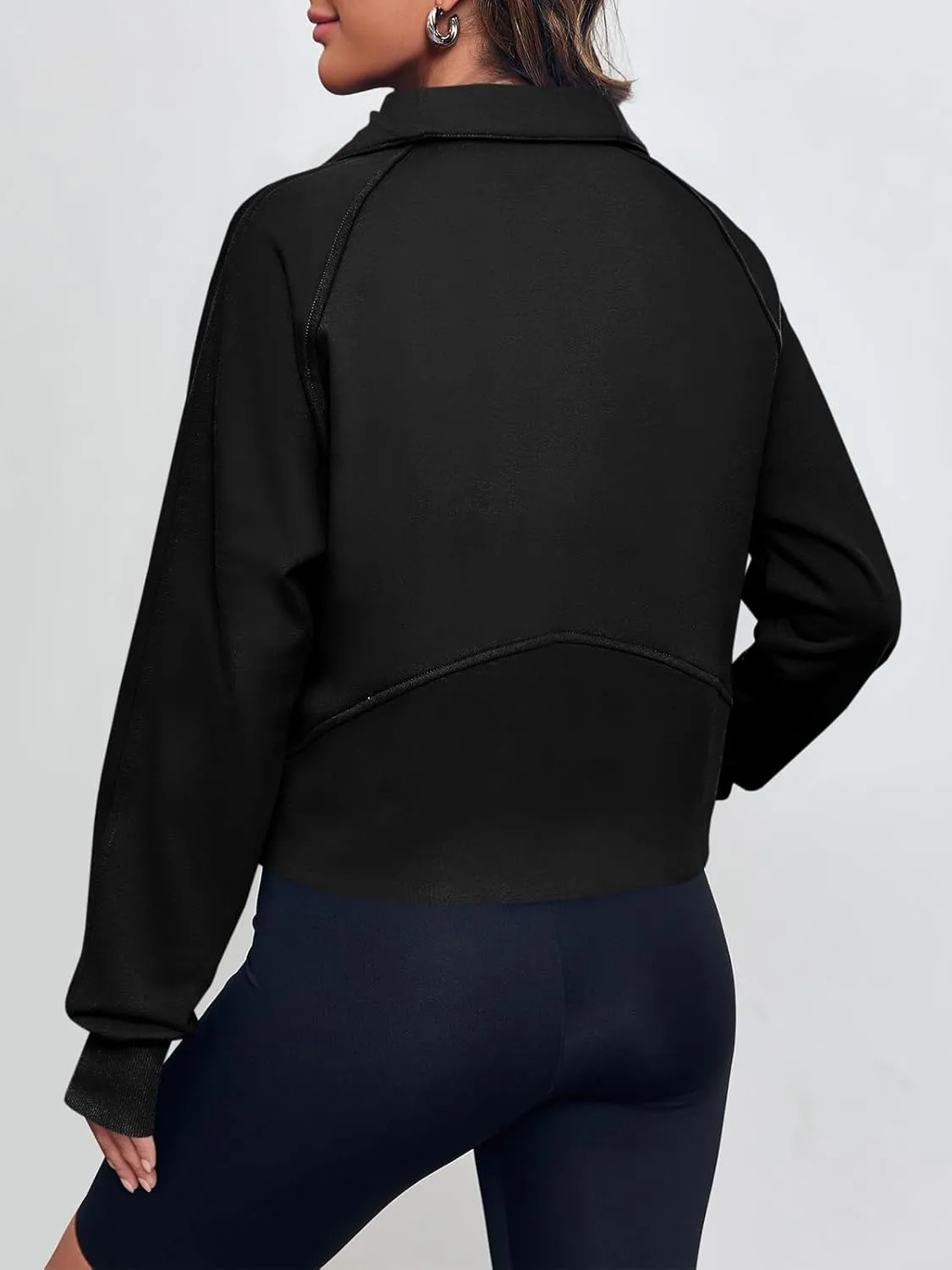 Women's Sweatshirts Fleece Lined Half Zipper Crop Pullover Tops Funnel Neck Long Sleeve Sweater Thumb Hole