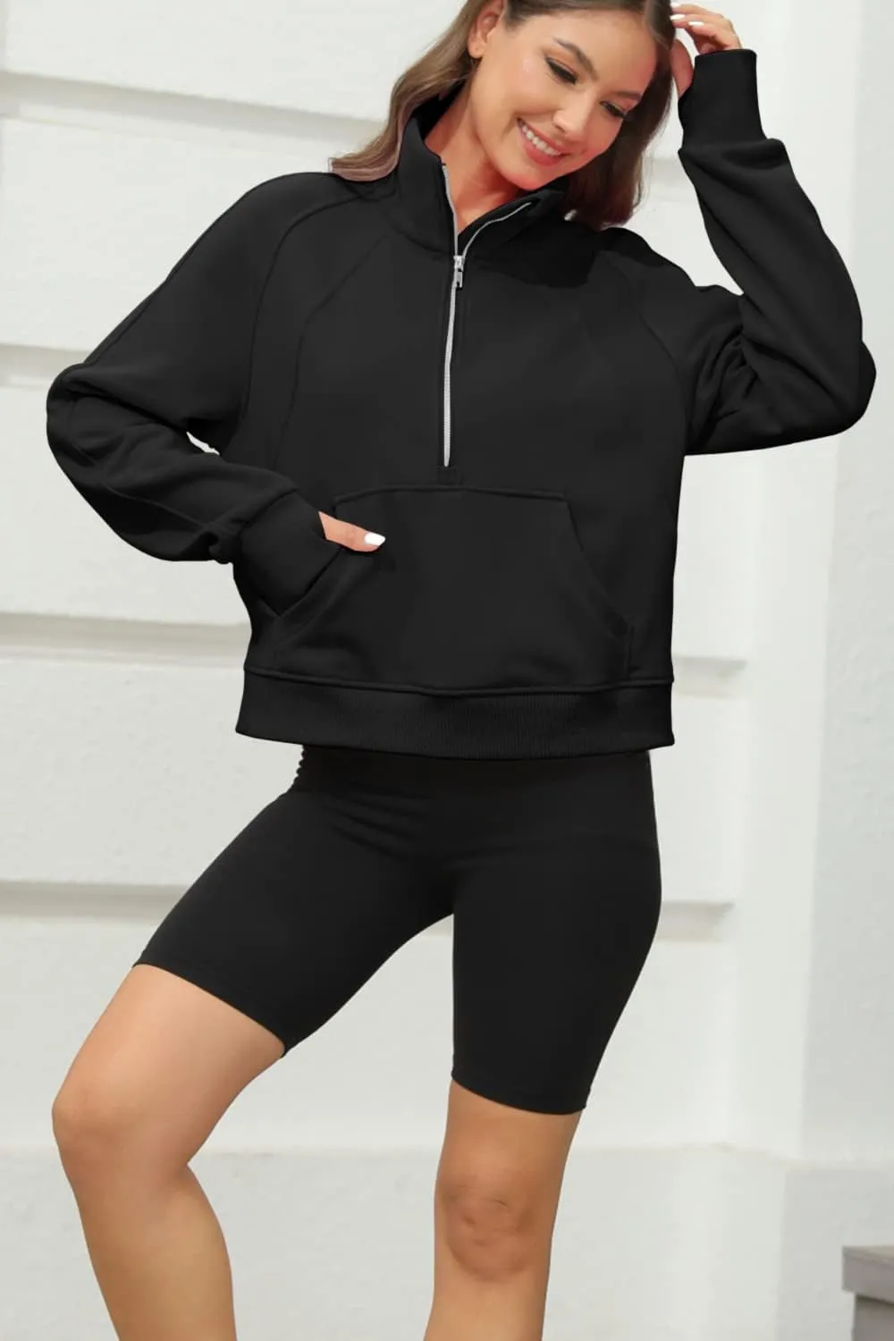 Women's Sweatshirts Fleece Lined Half Zipper Crop Pullover Tops Funnel Neck Long Sleeve Sweater Thumb Hole