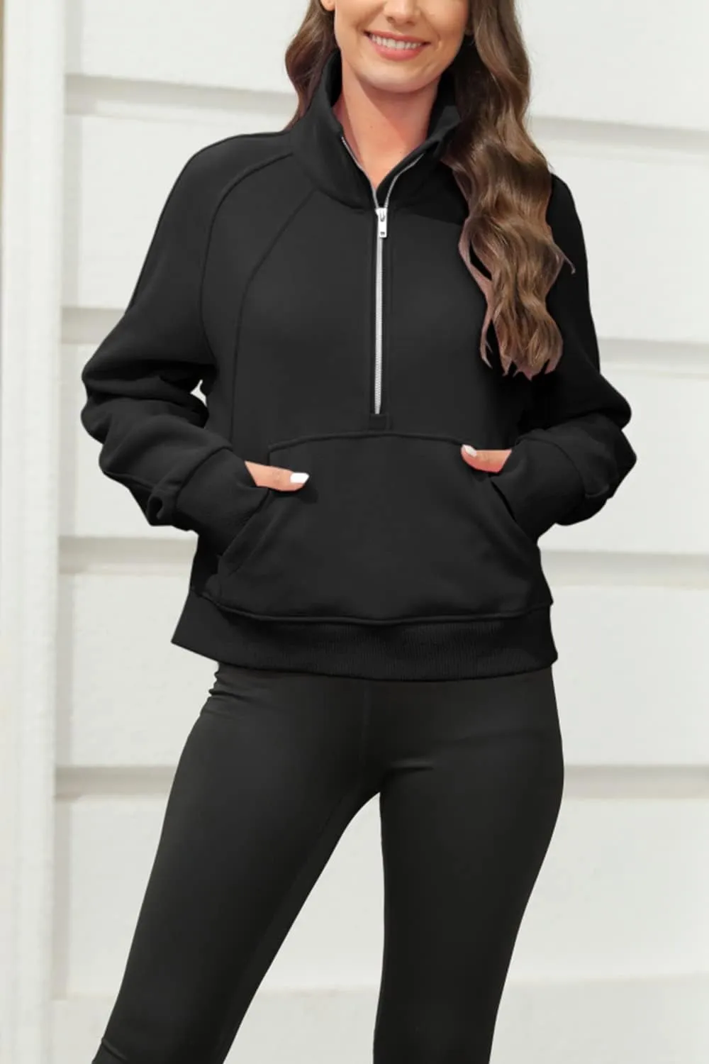 Women's Sweatshirts Fleece Lined Half Zipper Crop Pullover Tops Funnel Neck Long Sleeve Sweater Thumb Hole