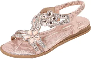 Women's T-Strap Beaded Flower Rhinestone Hollow Bohemian Flat Sandals Comfortable Low Heel Open Toe Sandals for Walking Beach