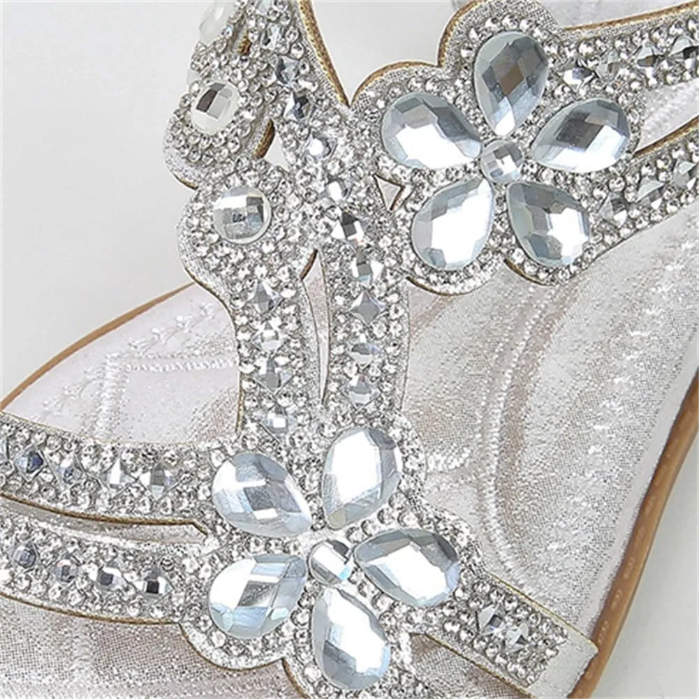 Women's T-Strap Beaded Flower Rhinestone Hollow Bohemian Flat Sandals Comfortable Low Heel Open Toe Sandals for Walking Beach