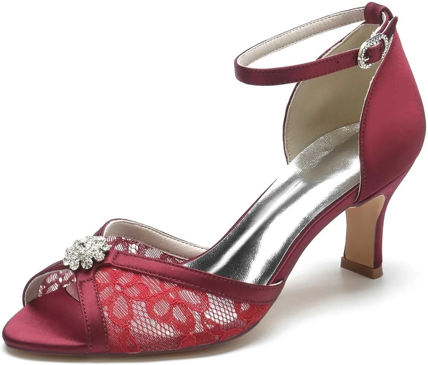 Womens Wedding Shoes Women's Wedding Shoes Rhinestone-Embellished Lace & Satin Low Heels, Peep Toe Pumps with Buckle, Elegant Evening & Dress Footwear for Brides & Bridal(Burgundy,8.5/US)