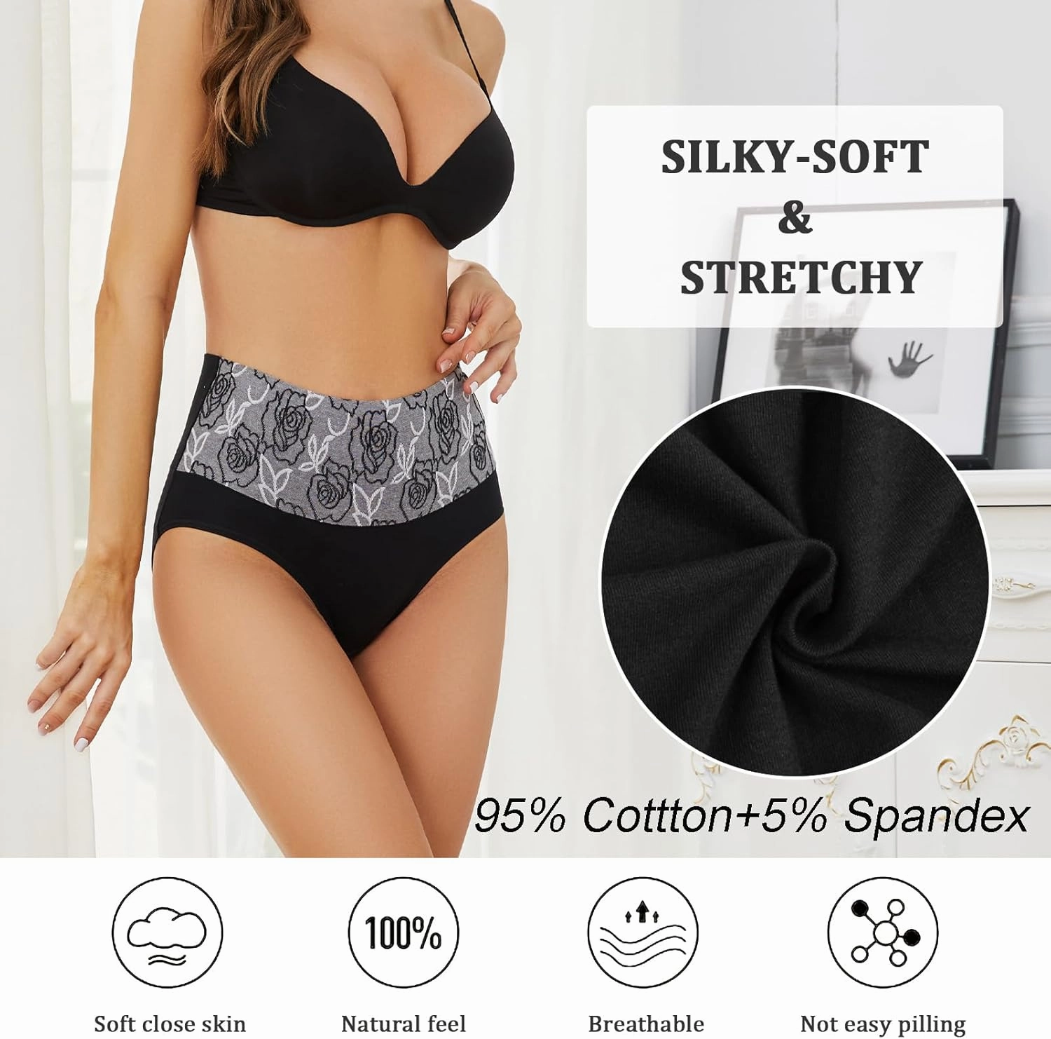 Womens Underwear Cotton Tummy Control High Waisted Underwear Soft Breathable Full Coverage Panties Multipack