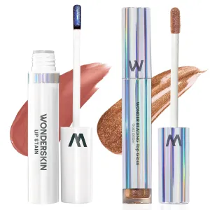 Wonderskin Wonder Blading Lip Stain Peel Off Masque - Long Lasting, Waterproof (Lovely) with Top Gloss - Gold Glitter Lip Gloss, Hydrating and High Shine Finish