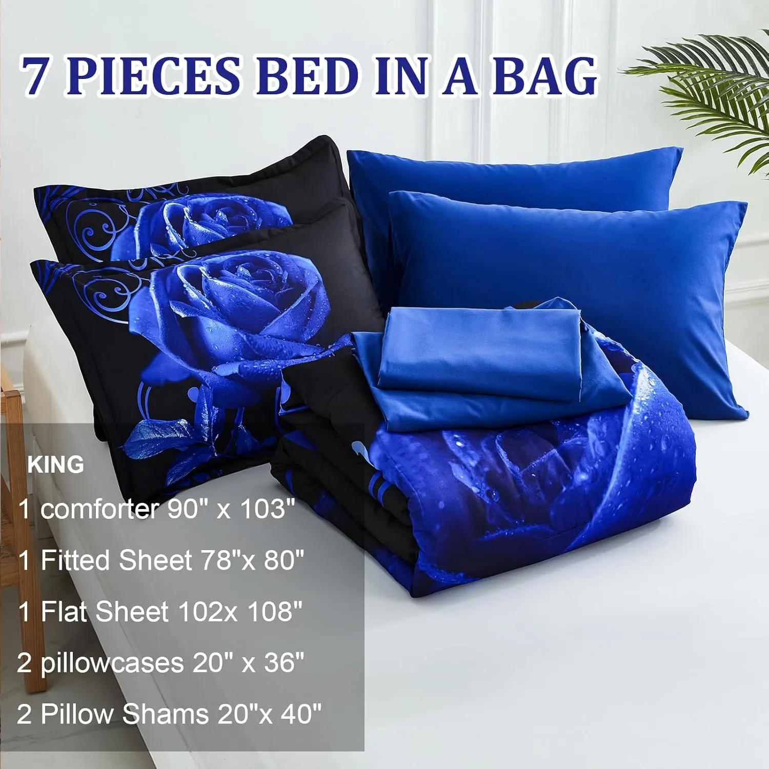 WONGS BEDDING Blue Comforter Set King 7 Pieces, Reversible Blue Rose Bed in a Bag, Lightweight Soft Microfiber Bedding Sets with Flat Sheet, Fitted Sheet, Pillowcases & Shams