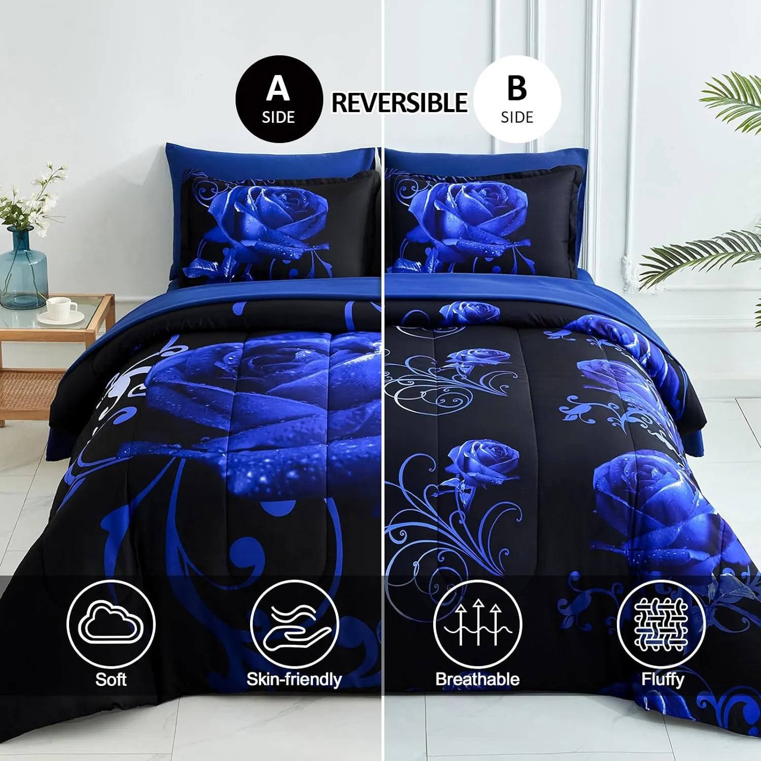 WONGS BEDDING Blue Comforter Set King 7 Pieces, Reversible Blue Rose Bed in a Bag, Lightweight Soft Microfiber Bedding Sets with Flat Sheet, Fitted Sheet, Pillowcases & Shams