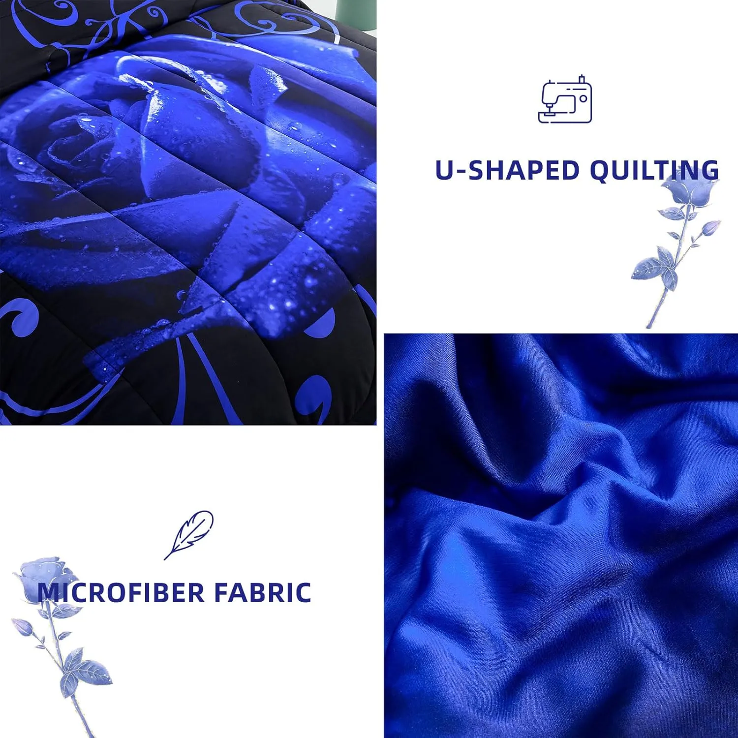 WONGS BEDDING Blue Comforter Set King 7 Pieces, Reversible Blue Rose Bed in a Bag, Lightweight Soft Microfiber Bedding Sets with Flat Sheet, Fitted Sheet, Pillowcases & Shams