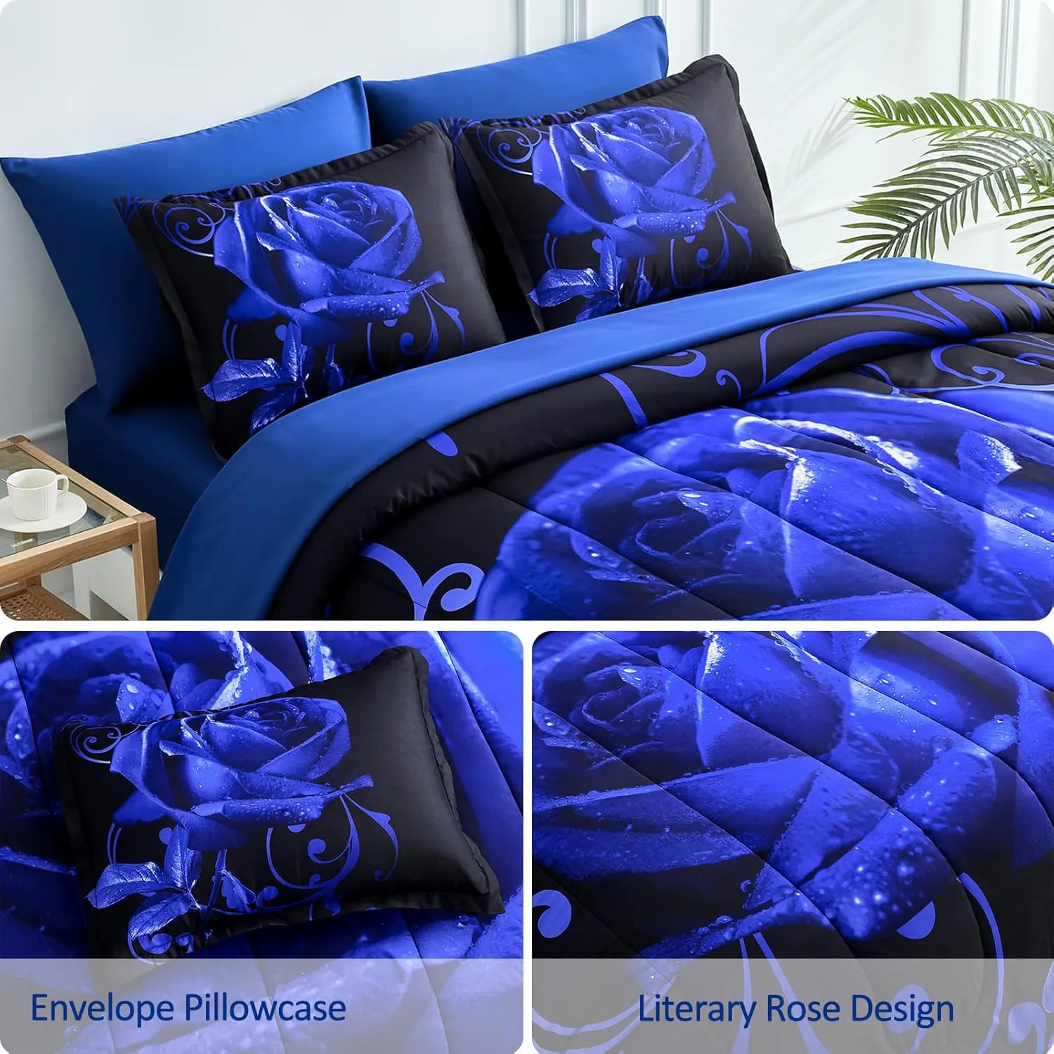 WONGS BEDDING Blue Comforter Set King 7 Pieces, Reversible Blue Rose Bed in a Bag, Lightweight Soft Microfiber Bedding Sets with Flat Sheet, Fitted Sheet, Pillowcases & Shams