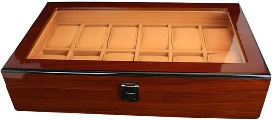 Wooden Watch Box Case Organizer Display for Men Women, 12 Slots Wood Box with Large Clear Glass Top (D 1)