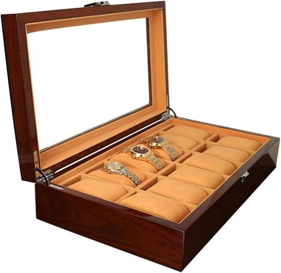Wooden Watch Box Case Organizer Display for Men Women, 12 Slots Wood Box with Large Clear Glass Top (D 1)