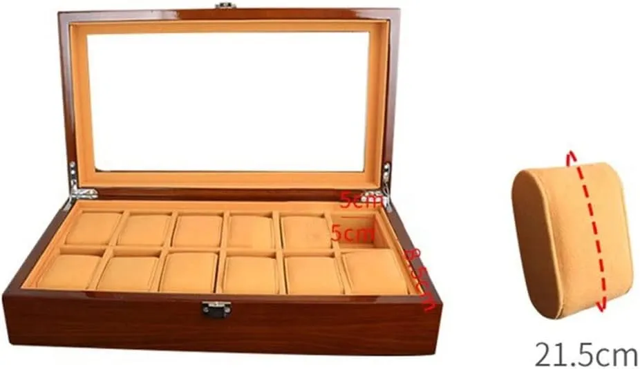 Wooden Watch Box Case Organizer Display for Men Women, 12 Slots Wood Box with Large Clear Glass Top (D 1)