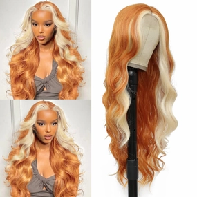 xccoco 30“ Long Body Wave Highlight Wigs Skunk Stripe Synthetic Lace Wig Long Wavy Orange with Blonde Highlighted Wigs for Women