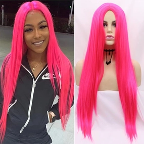 xiweiya Long Hot Red Silky Straight Synthetic Wigs Neon Pink Wigs Middle Part Heat Resistant Fiber Half Hand Tied Wig For Women 24inch
