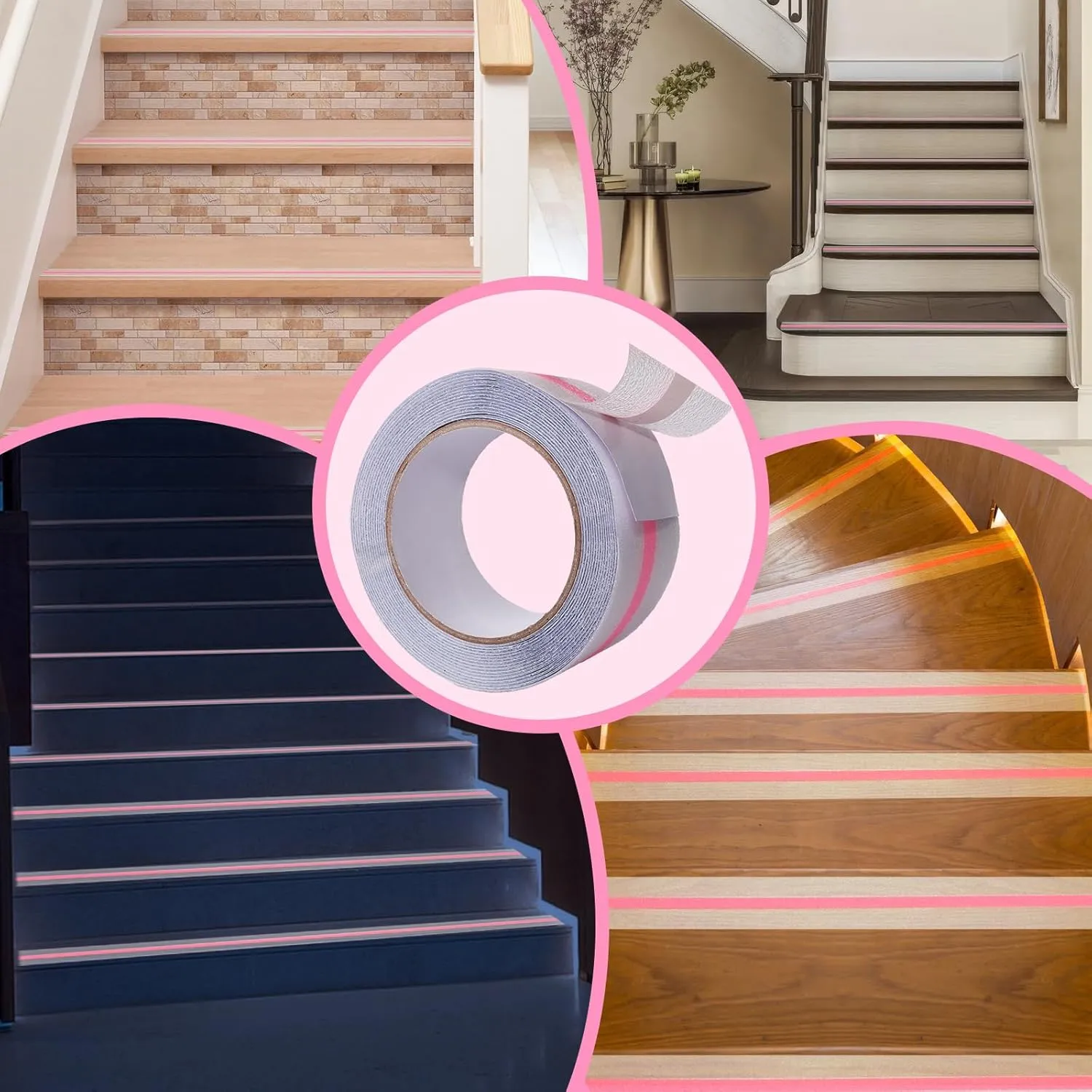 XURI Non Skid Tape Anti Slip Transparent Tape with Pink Glow in Dark Stripe,2Inch x 16.4Ft, Best Clear Grip Tape Grit - High Traction Friction Abrasive Adhesive for Stairs Step Outdoor Indoor