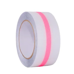 XURI Non Skid Tape Anti Slip Transparent Tape with Pink Glow in Dark Stripe,2Inch x 16.4Ft, Best Clear Grip Tape Grit - High Traction Friction Abrasive Adhesive for Stairs Step Outdoor Indoor