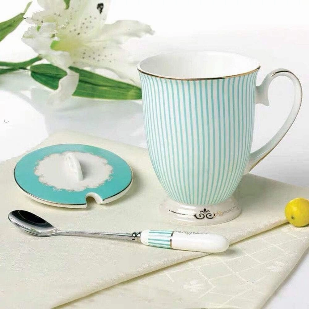 YBK Tech Euro Style Porcelain Tea Cup Coffee Mug with Lid for Breakfast Home Kitchen ((Blue Stripe Pattern) (Blue))
