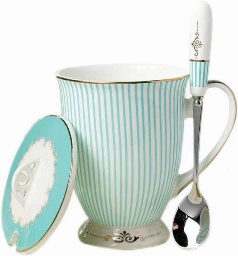 YBK Tech Euro Style Porcelain Tea Cup Coffee Mug with Lid for Breakfast Home Kitchen ((Blue Stripe Pattern) (Blue))
