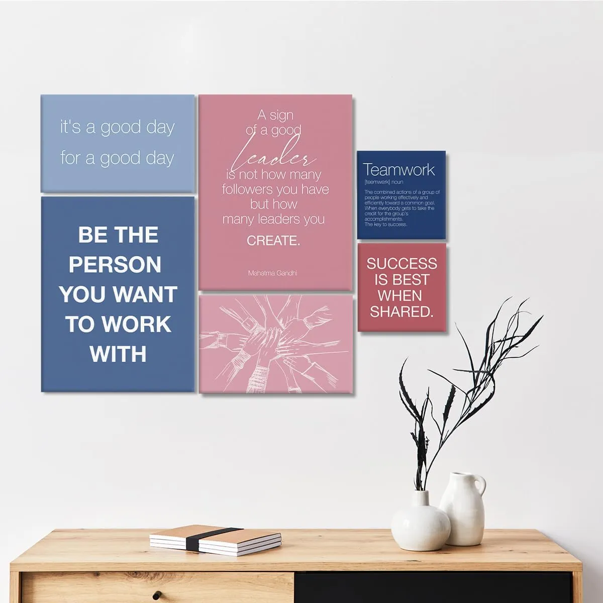YEOION Inspirational Office Wall Art for Women,Motivational Teamwork Wall Decor for Office,Light Pink and Blue Postive Quote Workplace Canvas Wall Art for Set of 6