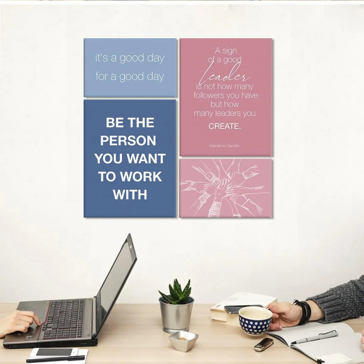 YEOION Inspirational Office Wall Art for Women,Motivational Teamwork Wall Decor for Office,Light Pink and Blue Postive Quote Workplace Canvas Wall Art for Set of 6