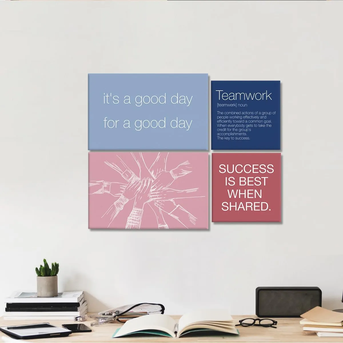 YEOION Inspirational Office Wall Art for Women,Motivational Teamwork Wall Decor for Office,Light Pink and Blue Postive Quote Workplace Canvas Wall Art for Set of 6