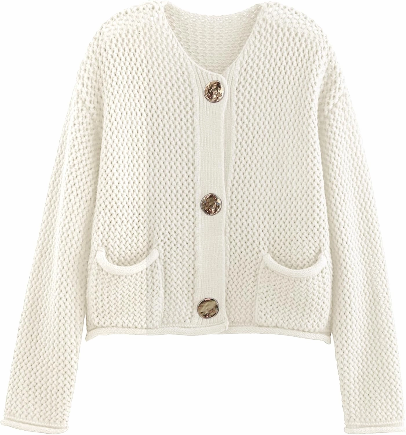 Yimoon Womens Cropped Cardigan Sweaters Gold Button Down Chunky Knit Sweaters Long Sleeve Open Front Fall Crochet Cardigan