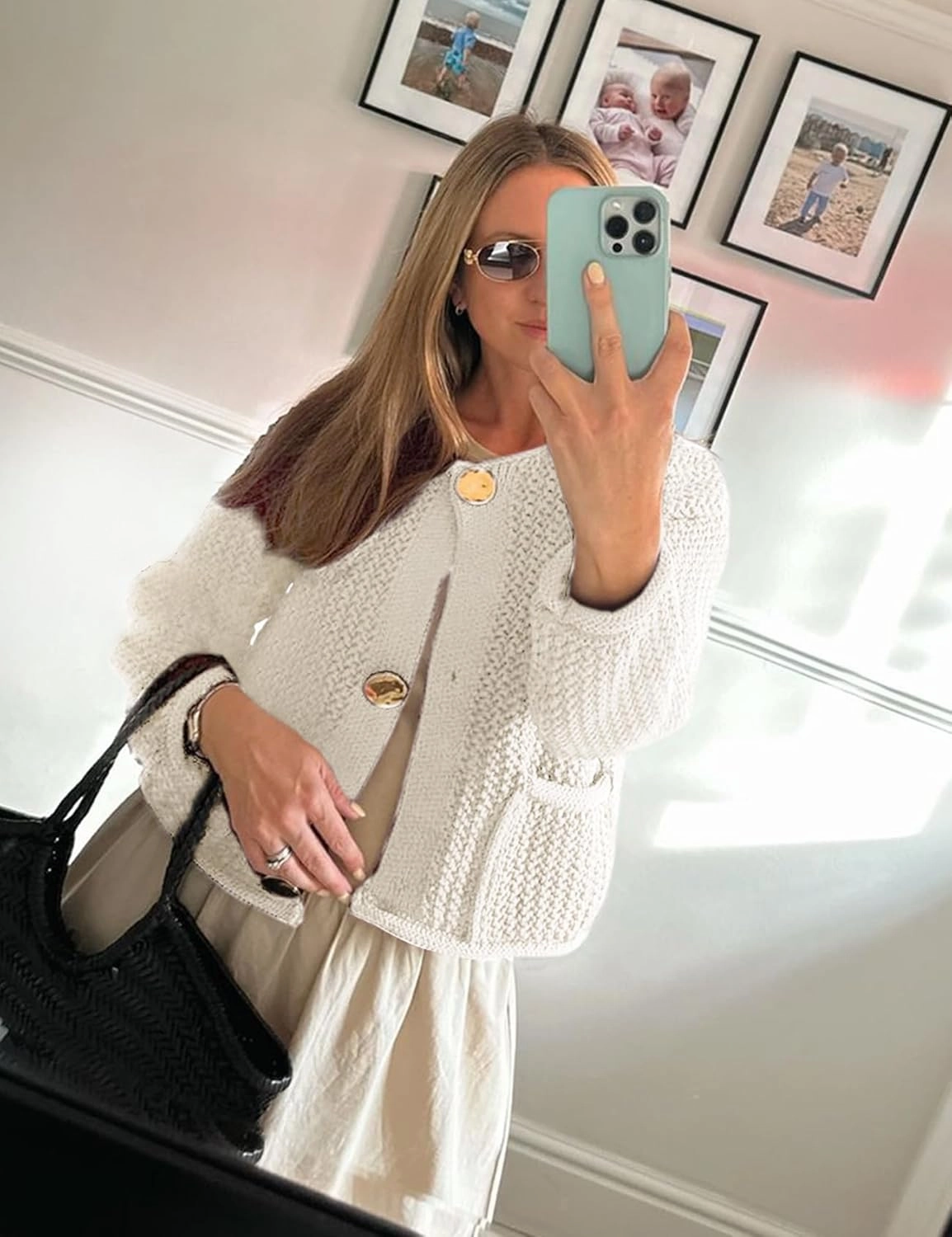 Yimoon Womens Cropped Cardigan Sweaters Gold Button Down Chunky Knit Sweaters Long Sleeve Open Front Fall Crochet Cardigan