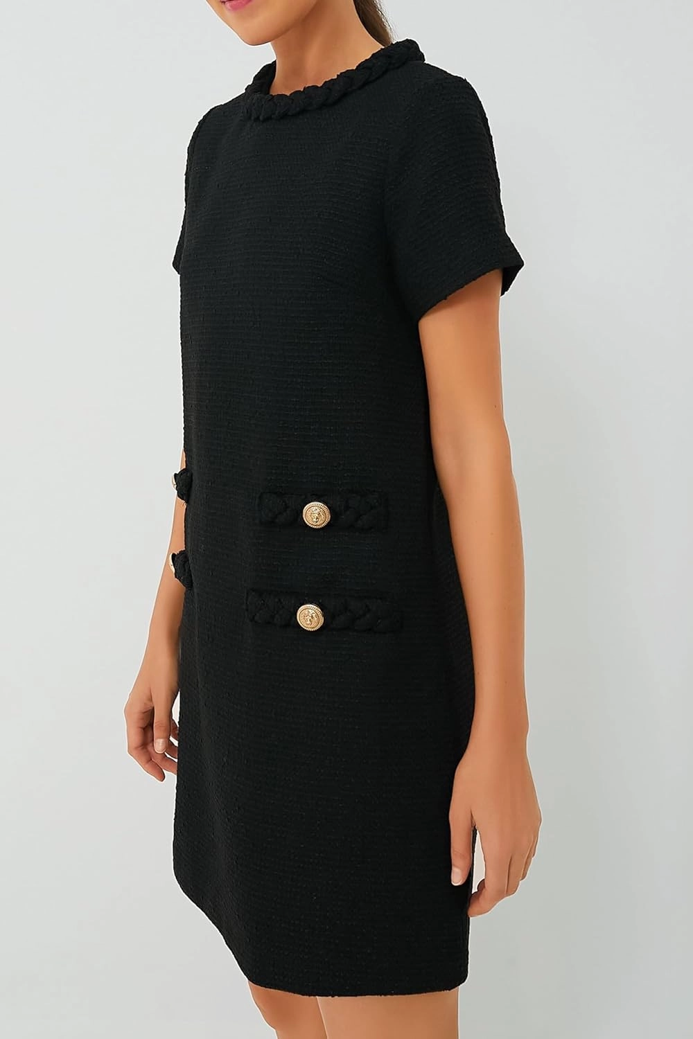 Yoolin Womens Tweed Jackie Dress Elegant Crew Neck Short Sleeve Button Bodycon Mini Dress