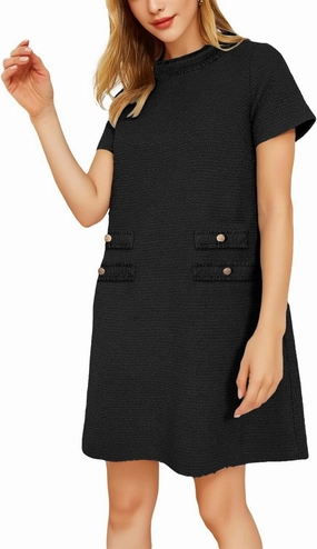 Yoolin Womens Tweed Jackie Dress Elegant Crew Neck Short Sleeve Button Bodycon Mini Dress