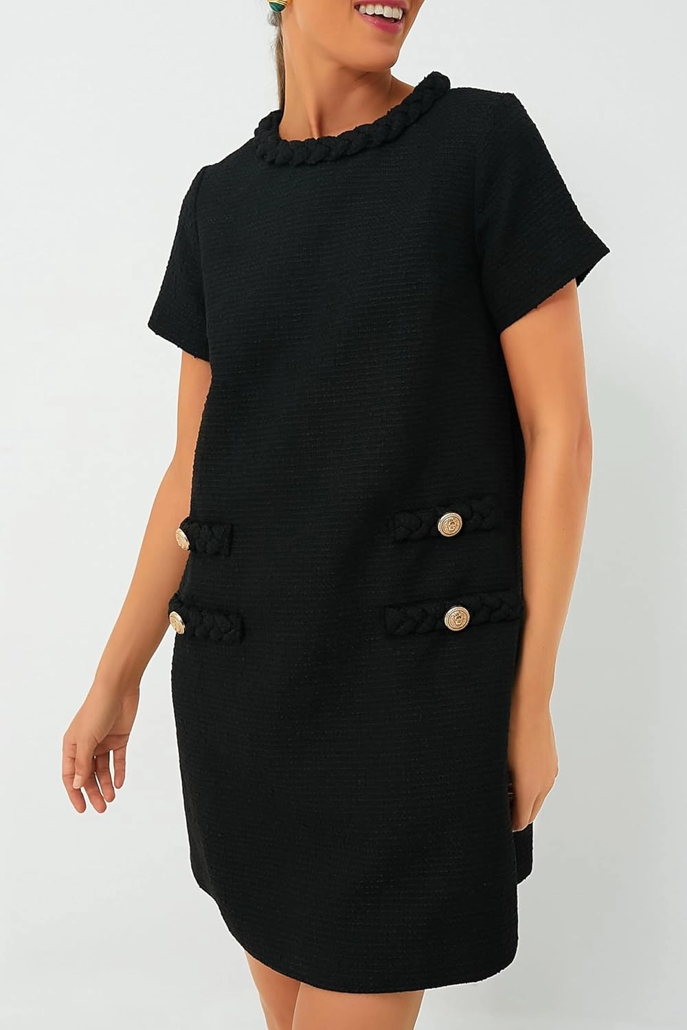 Yoolin Womens Tweed Jackie Dress Elegant Crew Neck Short Sleeve Button Bodycon Mini Dress