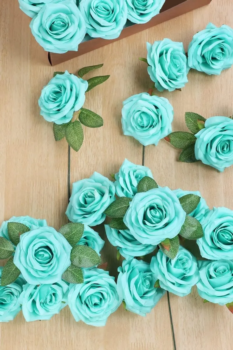 YUZZ Artificial Roses Flowers 25pcs Realistic Artificial Silk Fake Roses with Stems for DIY Wedding Bouquets,Centerpieces,Bridal Show Party,Home Decoration(Tiffany)