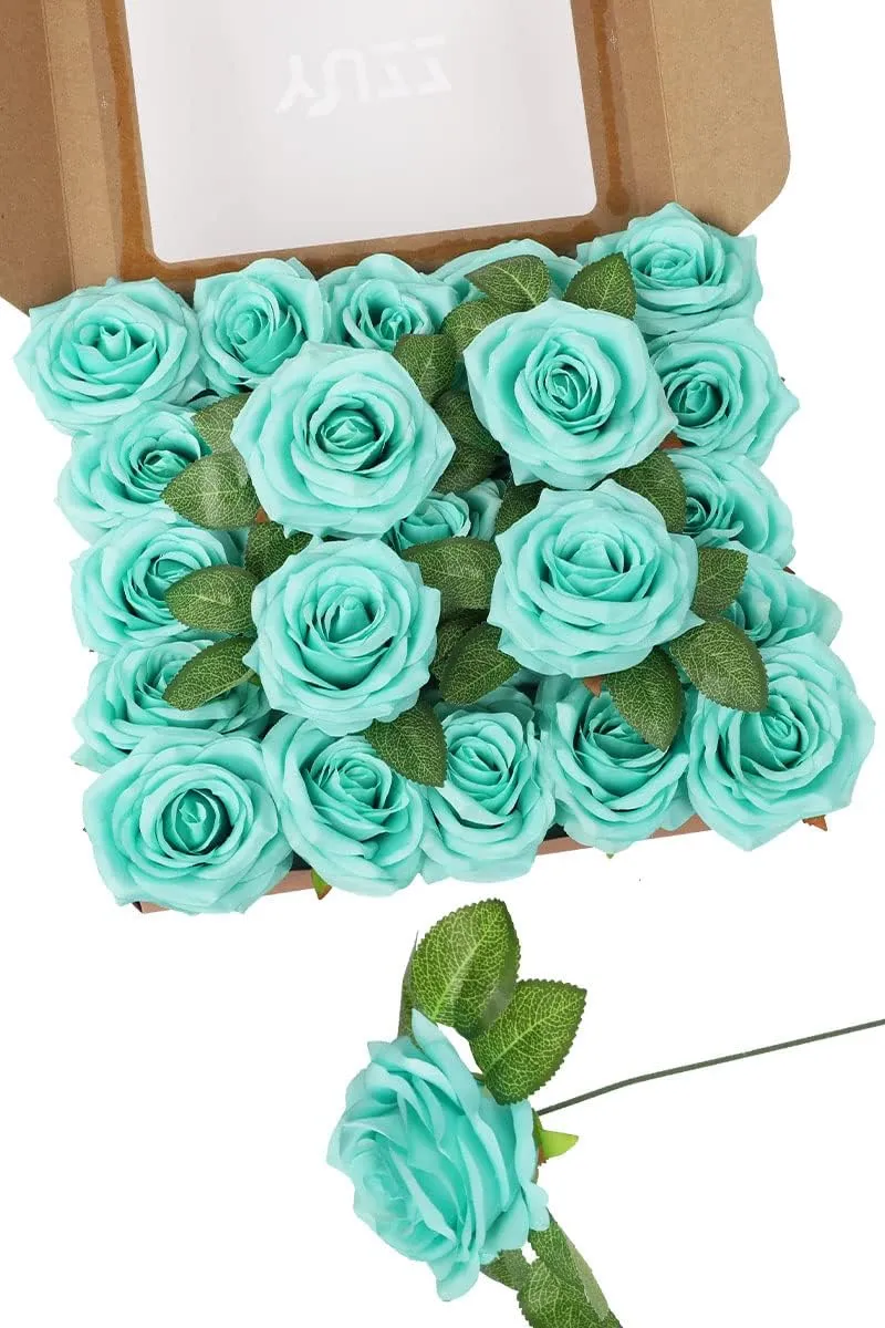 YUZZ Artificial Roses Flowers 25pcs Realistic Artificial Silk Fake Roses with Stems for DIY Wedding Bouquets,Centerpieces,Bridal Show Party,Home Decoration(Tiffany)