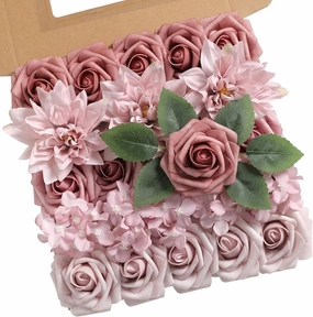 YYHUAWU Artificial Flowers Combo Box Set Gradient Color Flower Leaf with Stems for DIY Wedding Bouquets Centerpieces Baby Shower Party Home Decorations