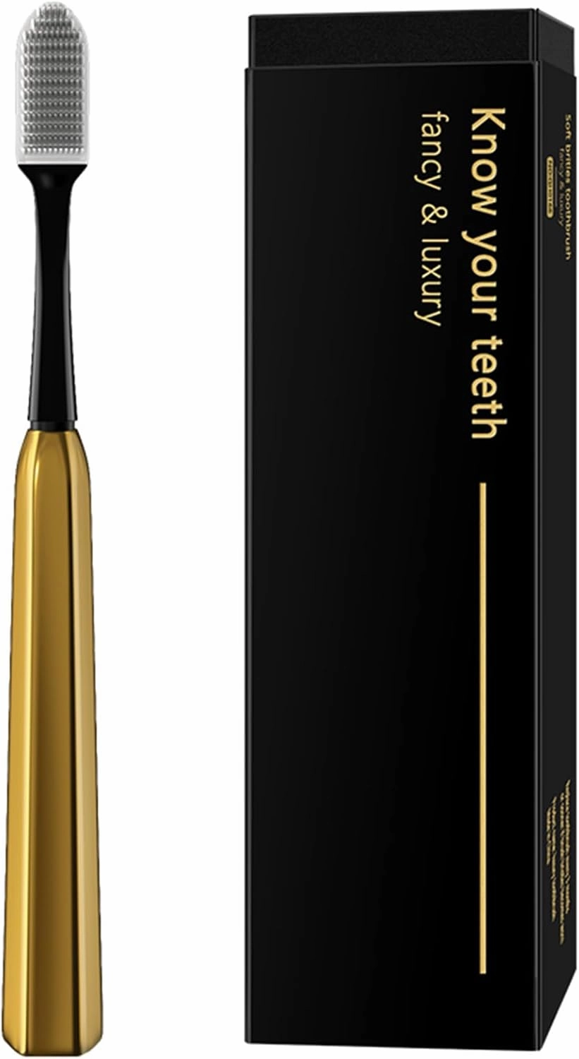 Z-VAPRESS Gold Ceramic Travel Toothbrush Gold-Plated Deluxe Toothbrush with 2 Free Replacement Heads with Soft Silicone White bristles
