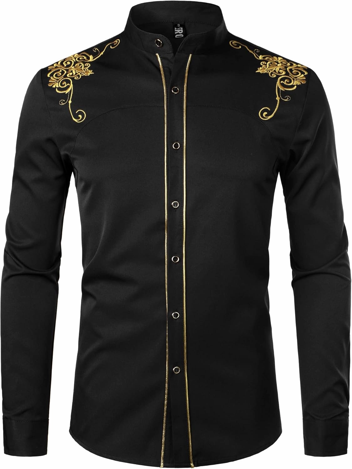 ZEROYAA Men's Luxury Gold Embroidery Design Slim Fit Long Sleeve Button Up Dress Shirts