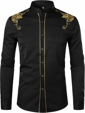 ZEROYAA Men's Luxury Gold Embroidery Design Slim Fit Long Sleeve Button Up Dress Shirts