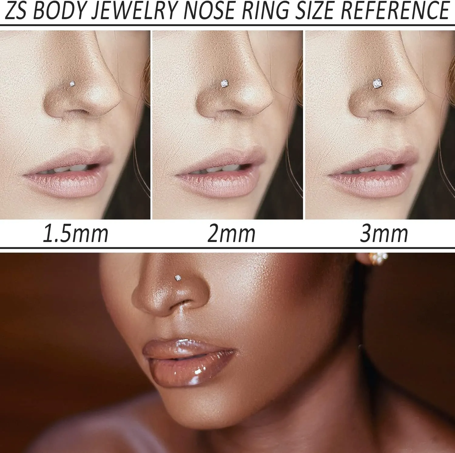 ZS 18K Real Gold 20G Nose Rings for Women Men, 1.5mm 2mm 3mm CZ Simulated Diamond, Solid 7mm Nose Stud Pin Piercing, Non-Irritating Skin Body Jewelry