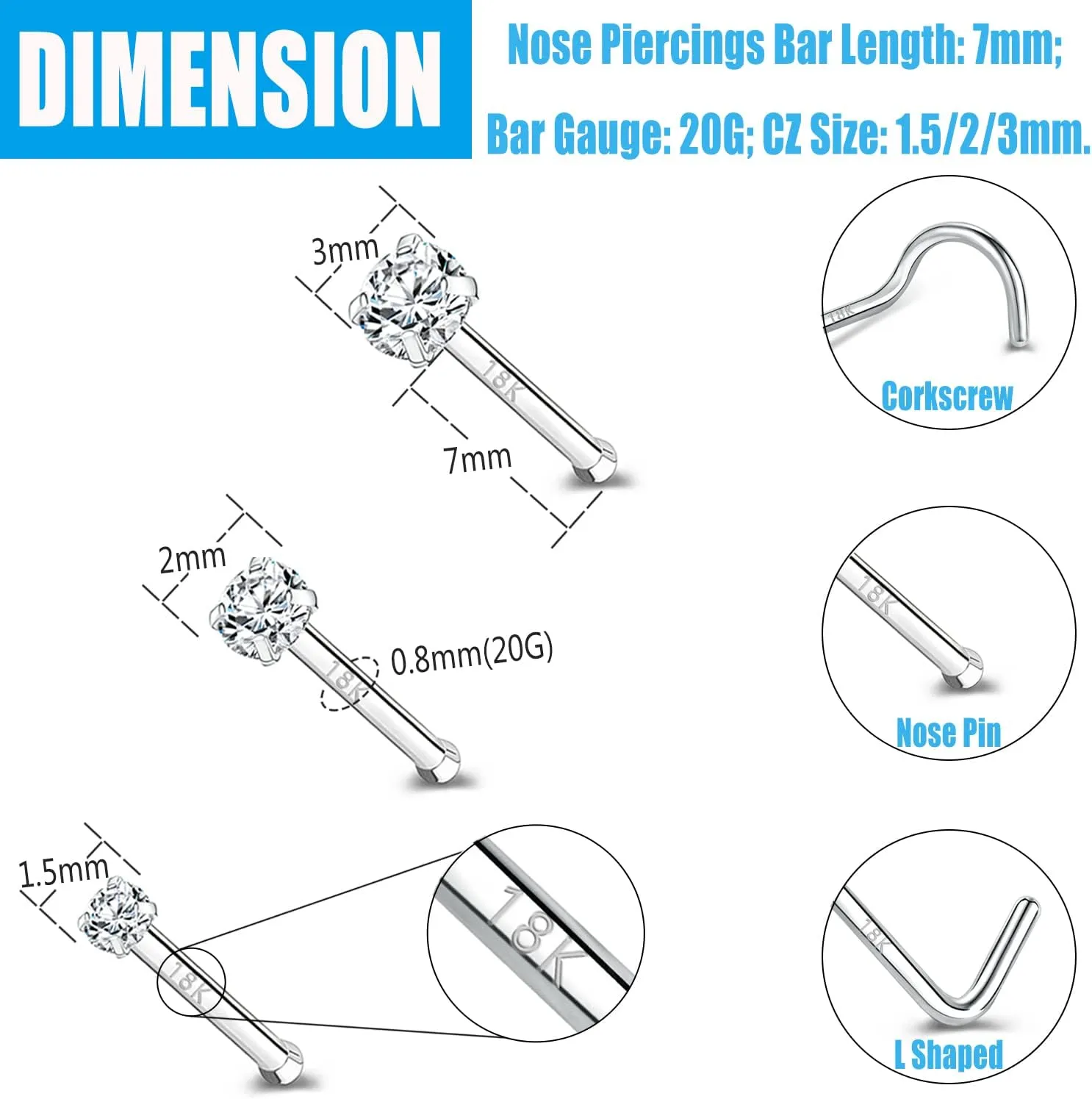 ZS 18K Real Gold 20G Nose Rings for Women Men, 1.5mm 2mm 3mm CZ Simulated Diamond, Solid 7mm Nose Stud Pin Piercing, Non-Irritating Skin Body Jewelry