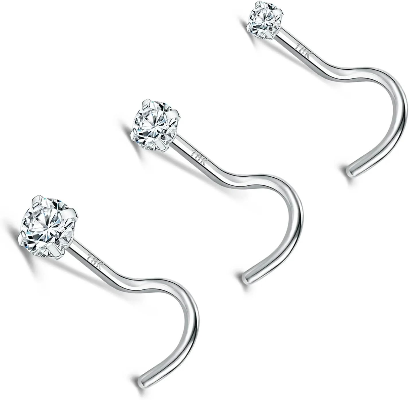ZS 18K Real Gold 20G Nose Rings for Women Men, 1.5mm 2mm 3mm CZ Simulated Diamond, Solid 7mm Nose Stud Pin Piercing, Non-Irritating Skin Body Jewelry