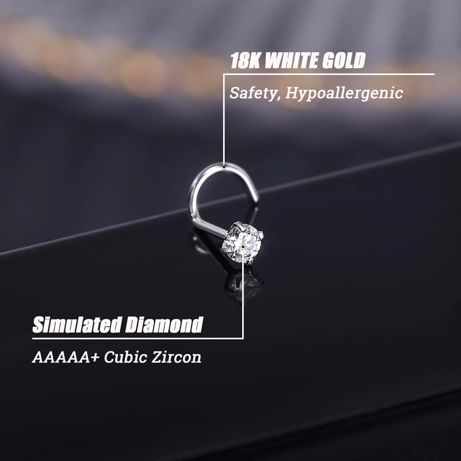 ZS 18K Real Gold 20G Nose Rings for Women Men, 1.5mm 2mm 3mm CZ Simulated Diamond, Solid 7mm Nose Stud Pin Piercing, Non-Irritating Skin Body Jewelry